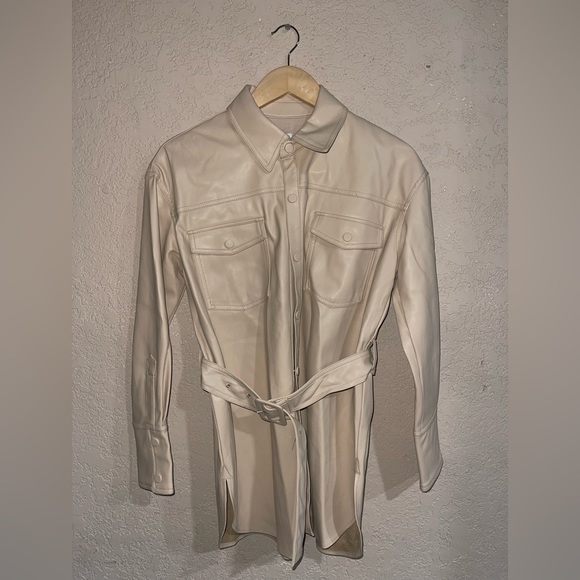 Zara | Faux Leather Cream Belted Button Down Shacket Size: Small - Picture 2 of 5